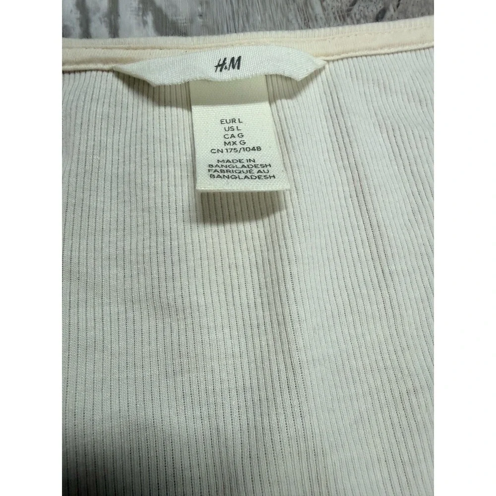 H&M Ribbed Long Sleeve Henley Top Women Large Cream Scoop Neck Basic - Picture 5 of 6